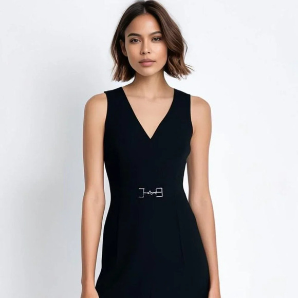 White House Black Market Dresses & Skirts - White House/Black Market Black Dress Empire Waist V Neck Silver Buckle Size 4‎